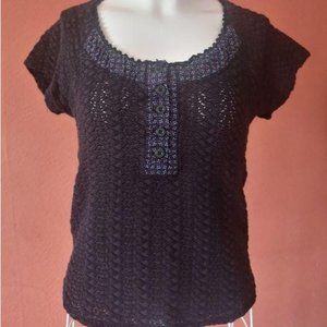 Free People Black Short Sleeve Open Knit Henley